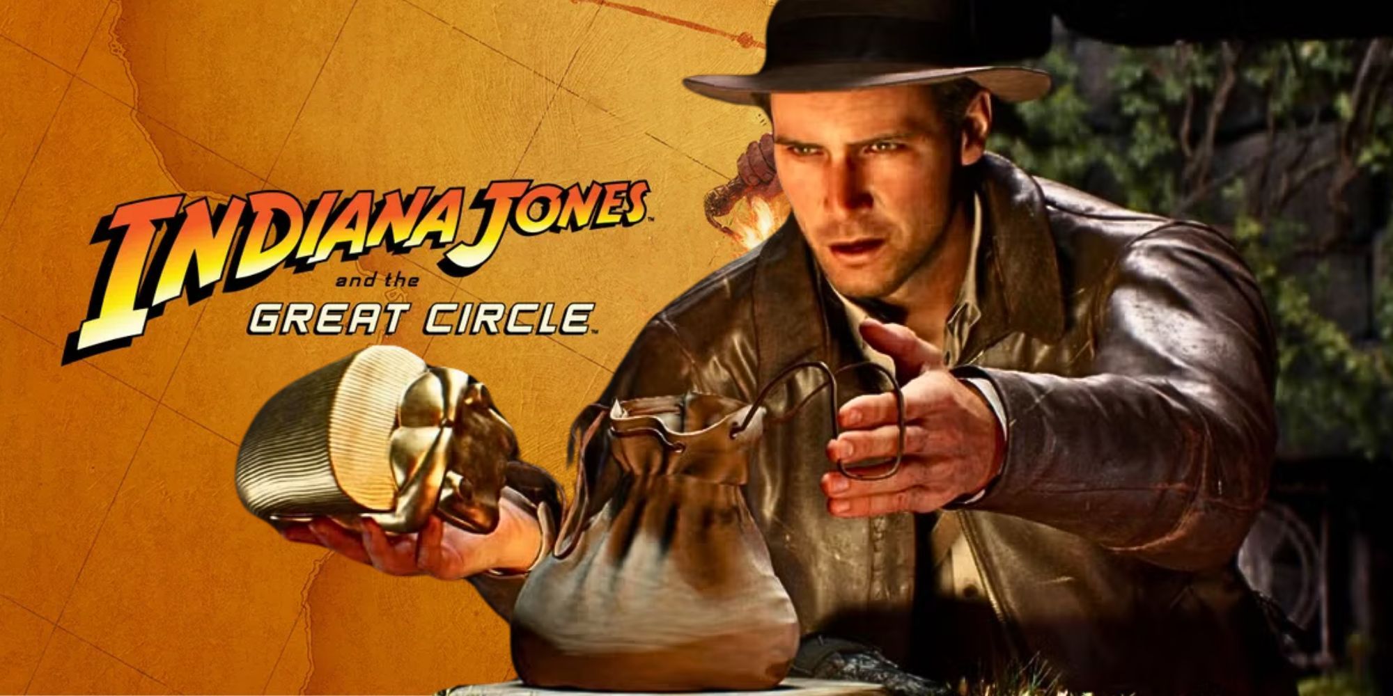 Indy switching an idol for a bag over key art from Indiana Jones and the Great Circle