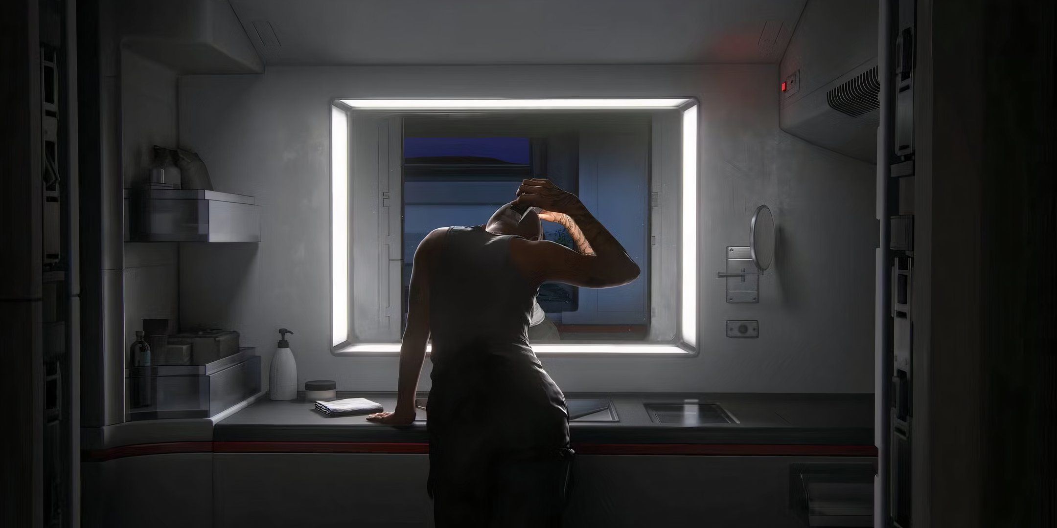 Intergalactic The Heretic Prophet Jordan shaving her head in front of a mirror.