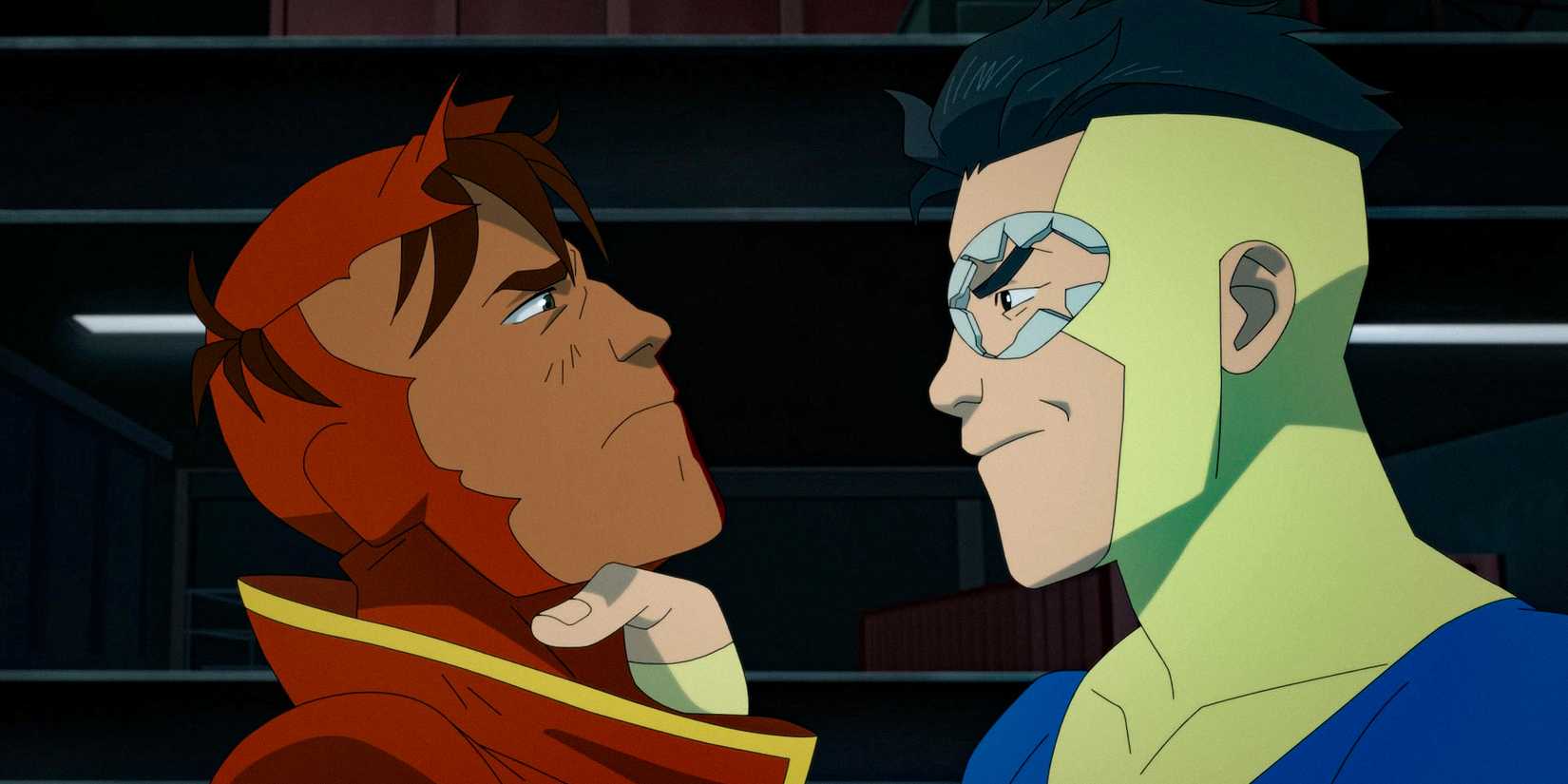 An evil Mark Grayson variant with smashed goggles holding an injured Rex Splode by the throat in Invincible season 3