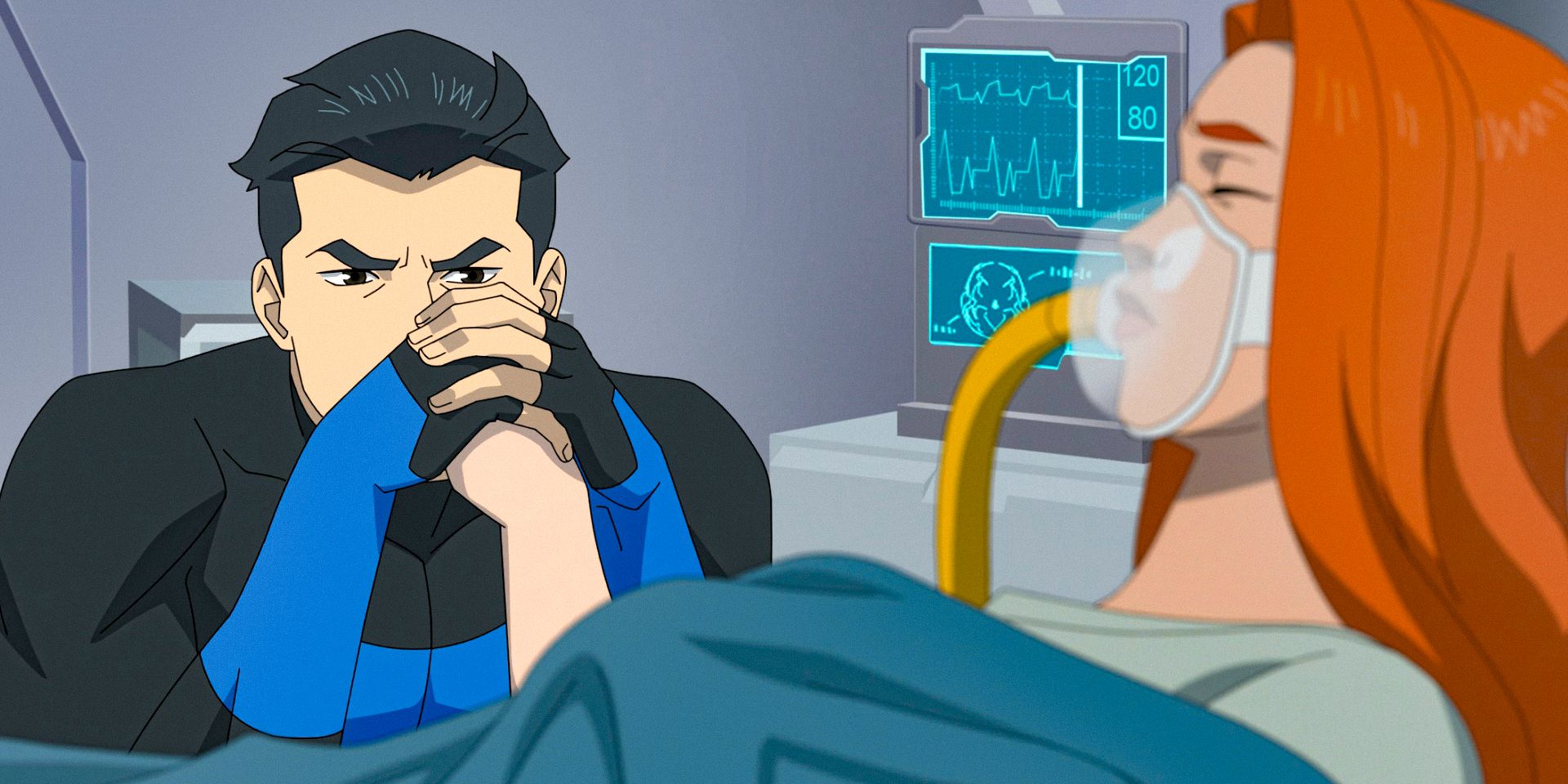 Mark looking frustrated while holding Eve&rsquo;s hand as she recovers in hospital in Invincible season 3