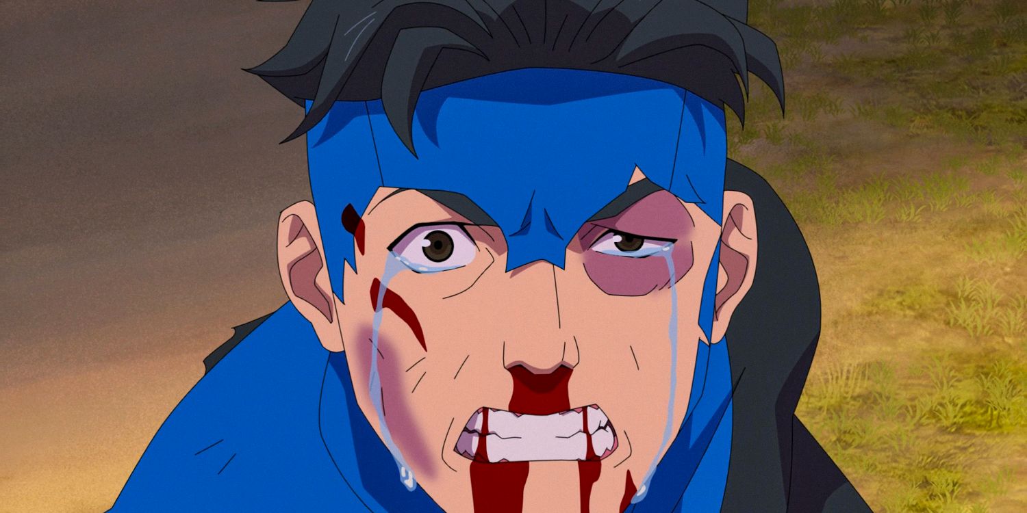 Mark Grayson/Invincible crying and with his face bruised while fighting Conquest in the season 3 finale