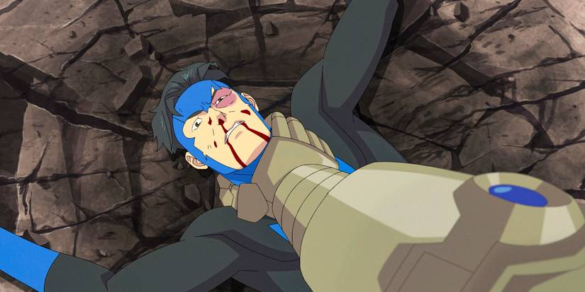 Conquest choking Invincible against the ground in Invincible Season 3 Ep 8