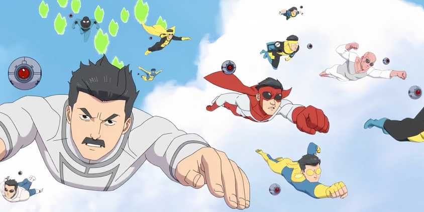 Invincible variants flying out of Angstrom Levy's multiverse portals in Invincible season 3 episode 7