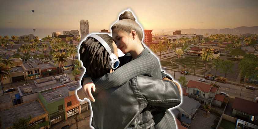 InZOI two Zois hugging and almost kissing in front of a town at sunset.