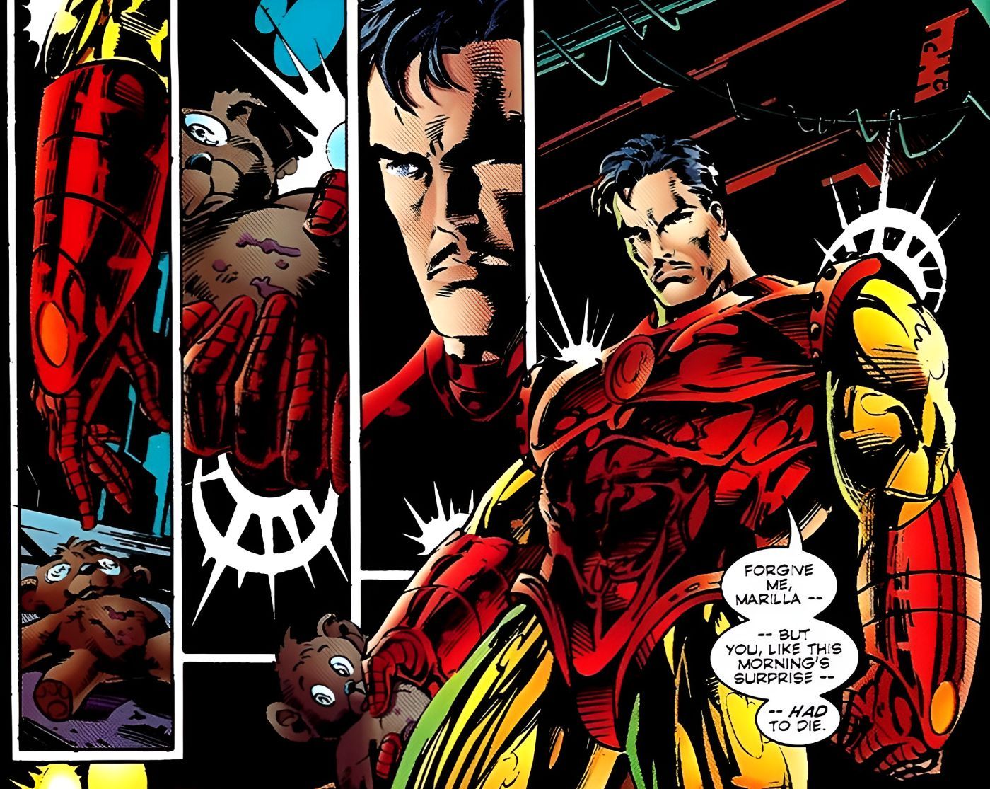 Iron Man says Marilla had to die, while looking over her body.