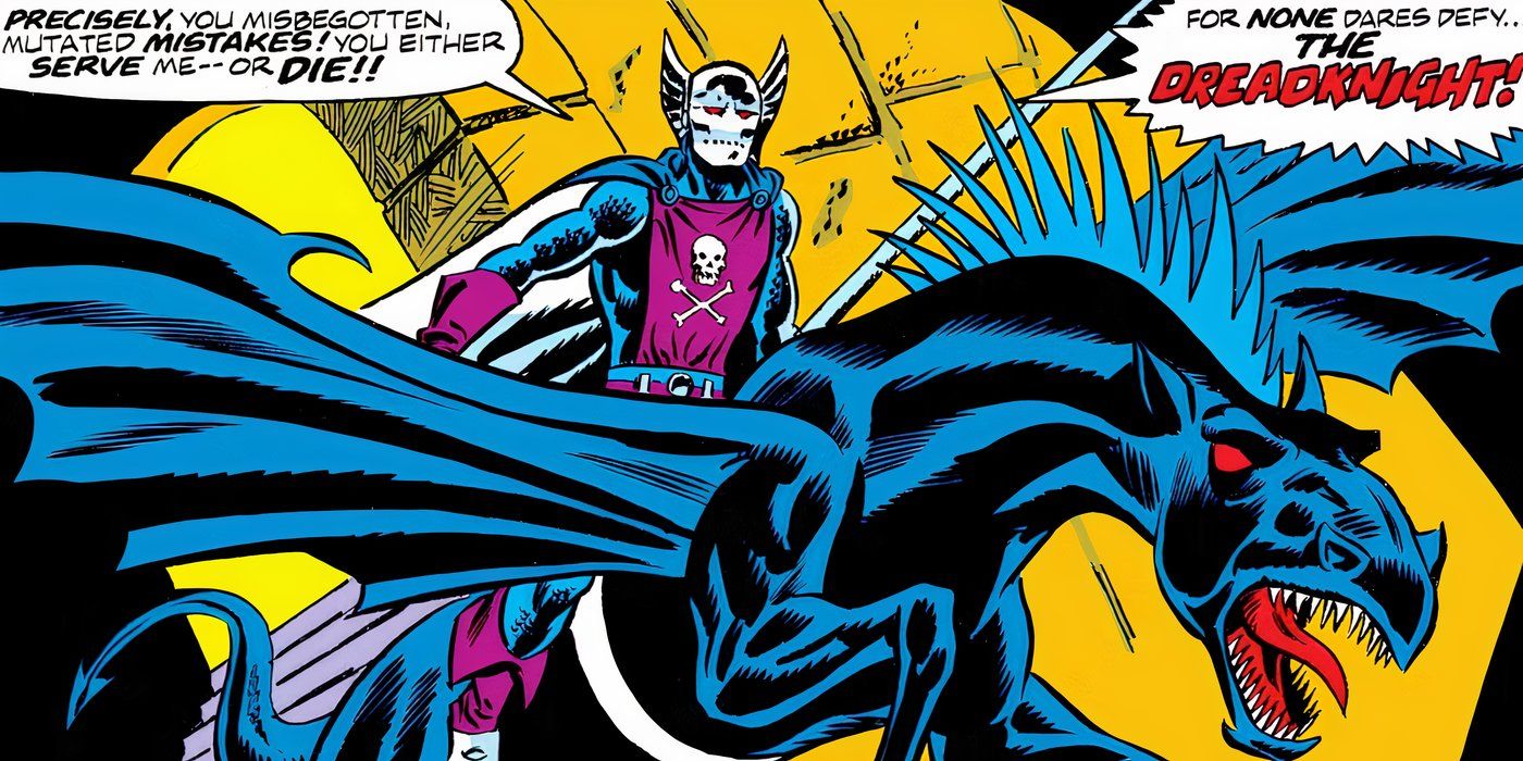 Dreadknight riding his winged horse in Marvel Comics.