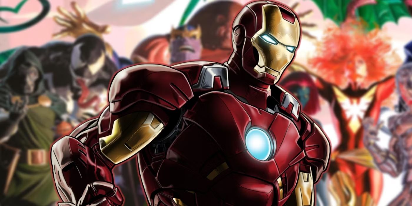 Iron Man with Marvel Comics villains behind him, including Doctor Doom, Juggernaut, and Venom.