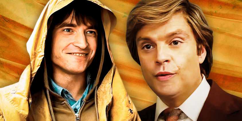Robert Patinson as Mickey Barnes in Mickey 17 and Sebastian Stan as Donald Trump in The Apprentice