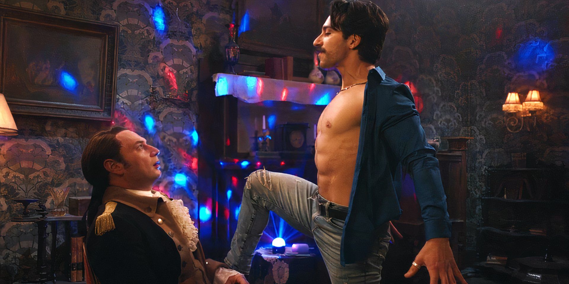 Isaac and stripper Chris at bachelor party in Ghosts