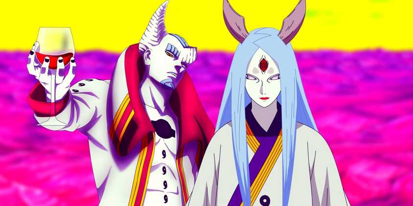 Isshiki and Kaguya standing side by side. Behind them, Kaguya's dimension can be seen.