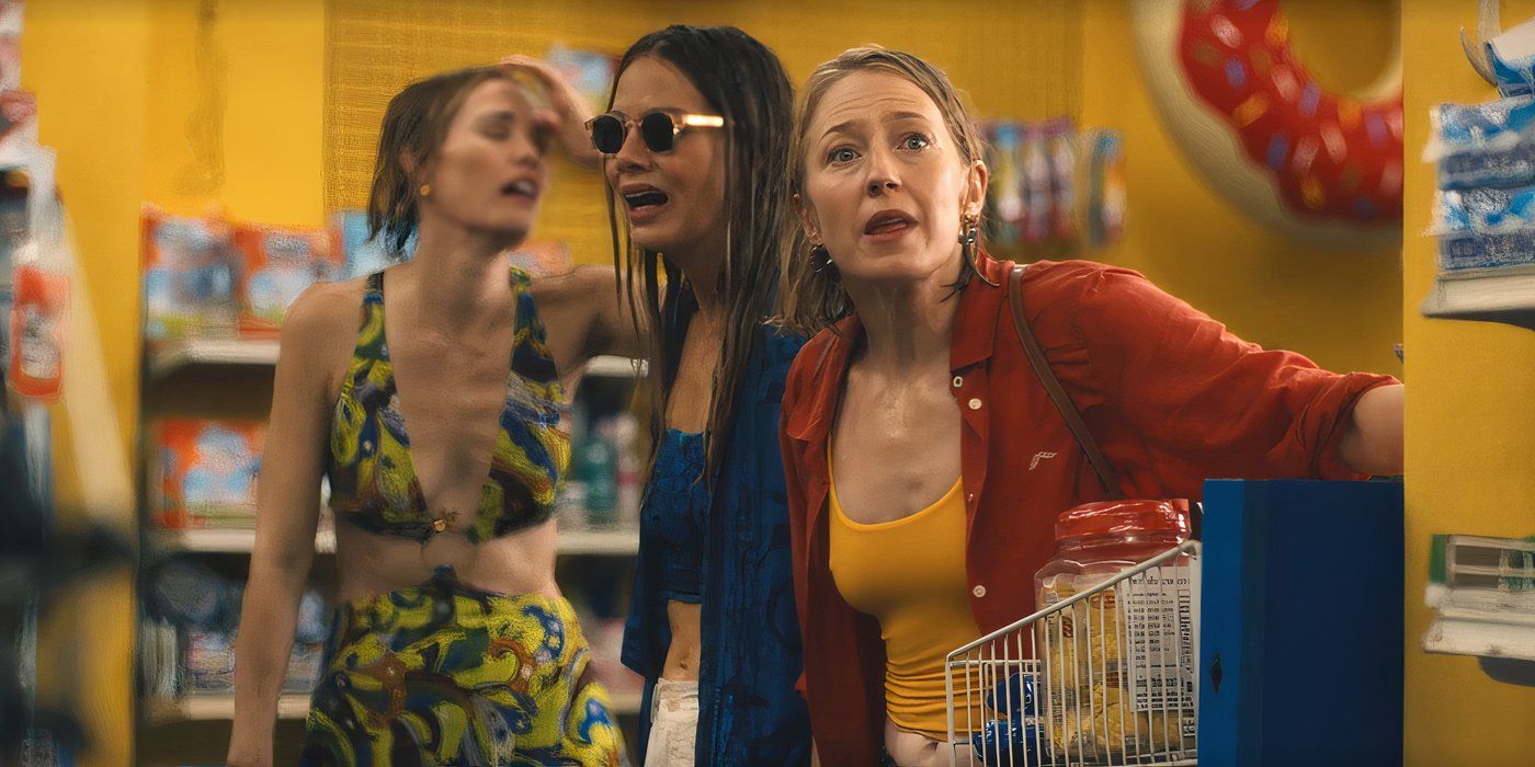 Jaclyn, Kate, Laurie hiding in a store after being soaked by water guns in The White Lotus season 3, episode 4 (2025)