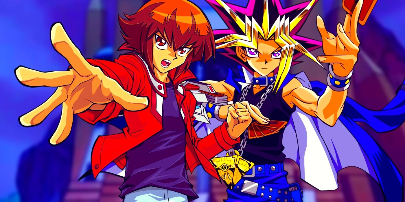 Jaden and Yugi standing together as they face an opponent. Behind them, the main building of Duel Academy can be seen. 