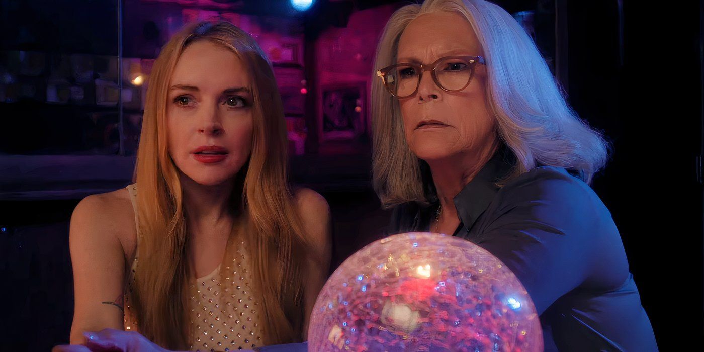 Jamie Lee Curtis and Lindsay Lohan looking concerned behind a crystal ball in Freakier Friday