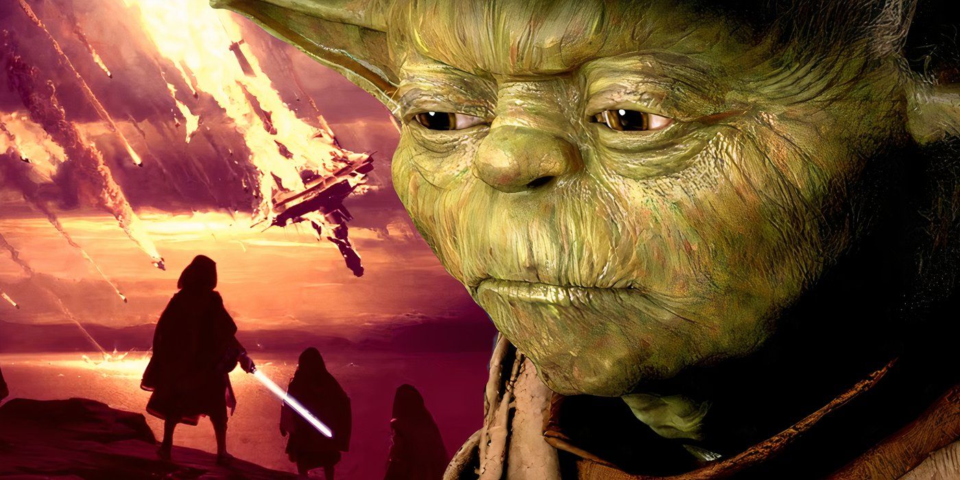 Star Wars' Yoda with Jedi watching the destruction of Starlight Beacon behind him.