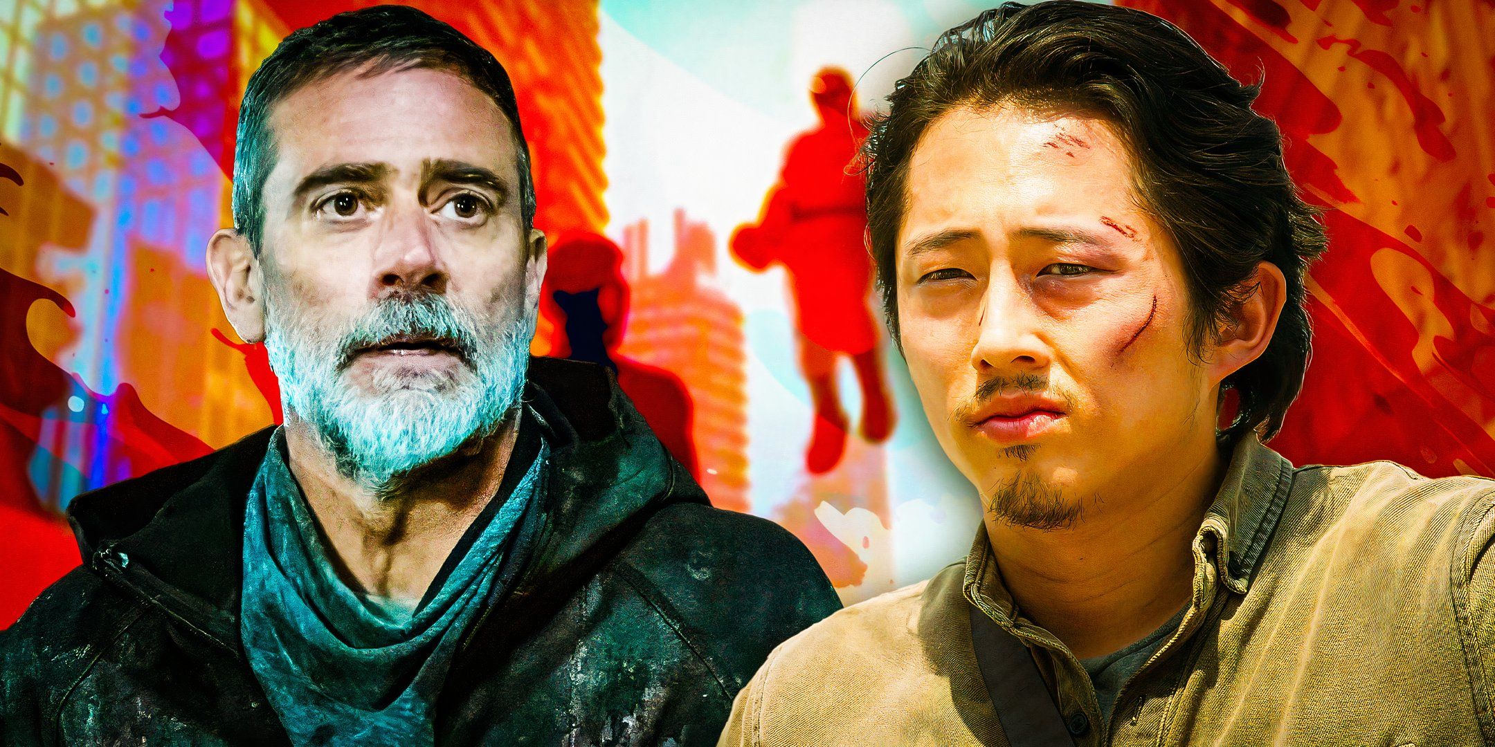 Jeffrey Dean Morgan as Negan and Steven Yeun as Glenn in The Walking Dead with Invincible imagery behind them