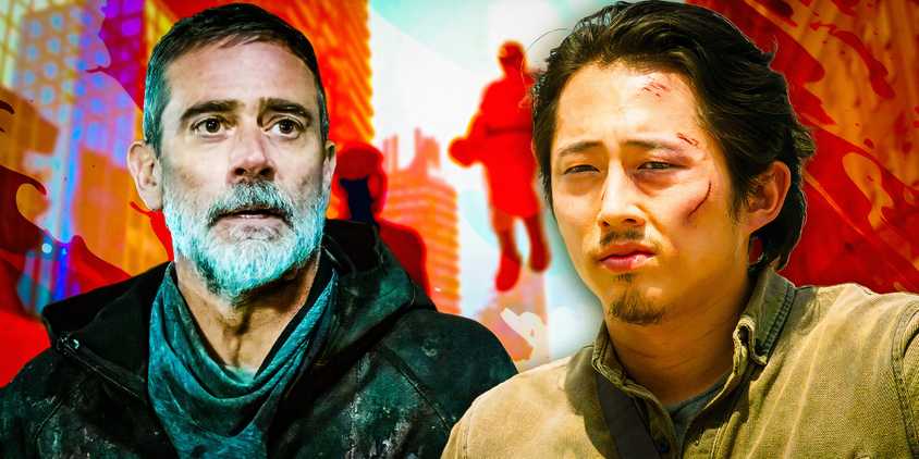 Jeffrey Dean Morgan as Negan and Steven Yeun as Glenn in The Walking Dead with Invincible imagery behind them