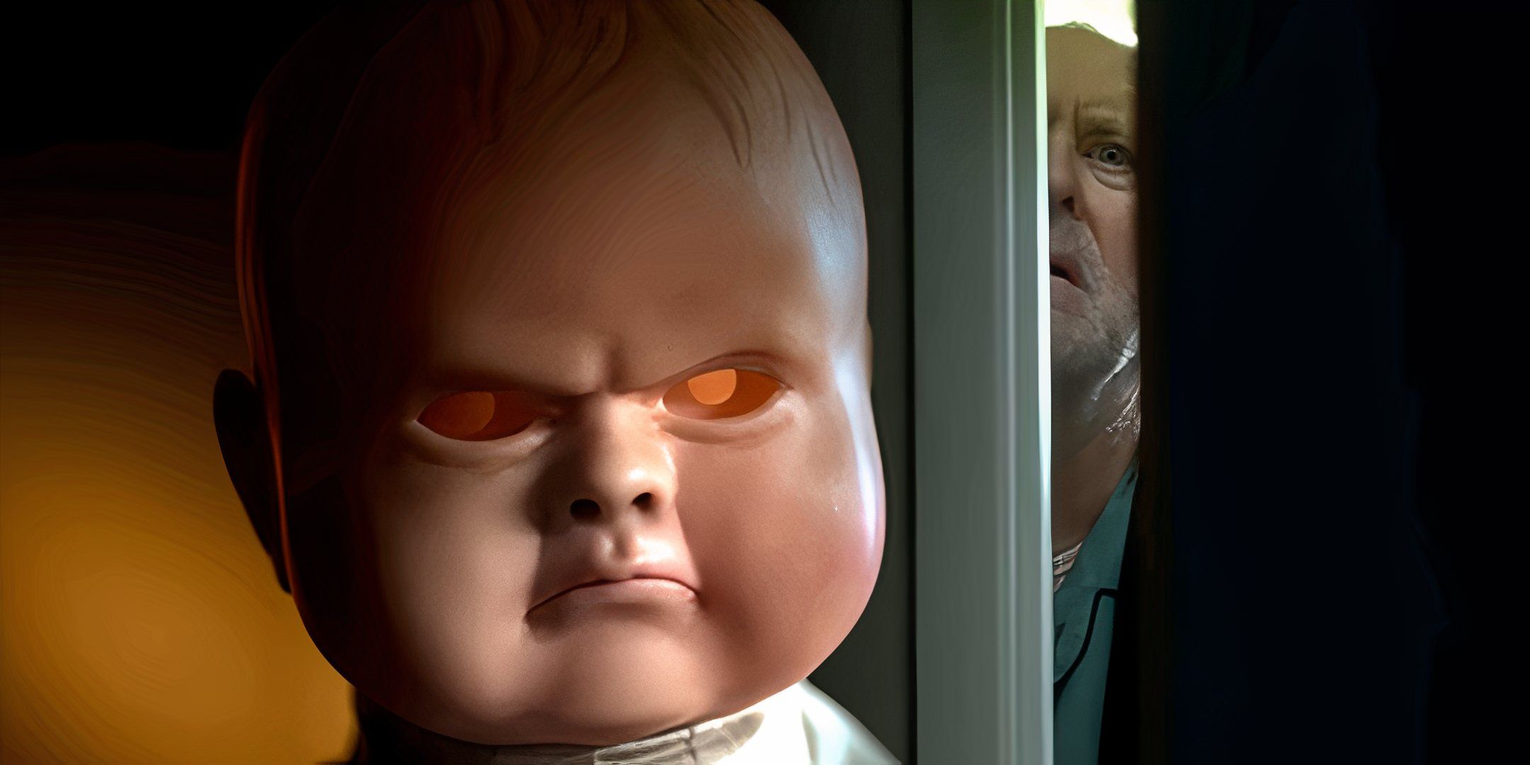 Jenny Pen doll looking angry and John Lithgow's Dave looking through a doorway in The Rule of Jenny Pen