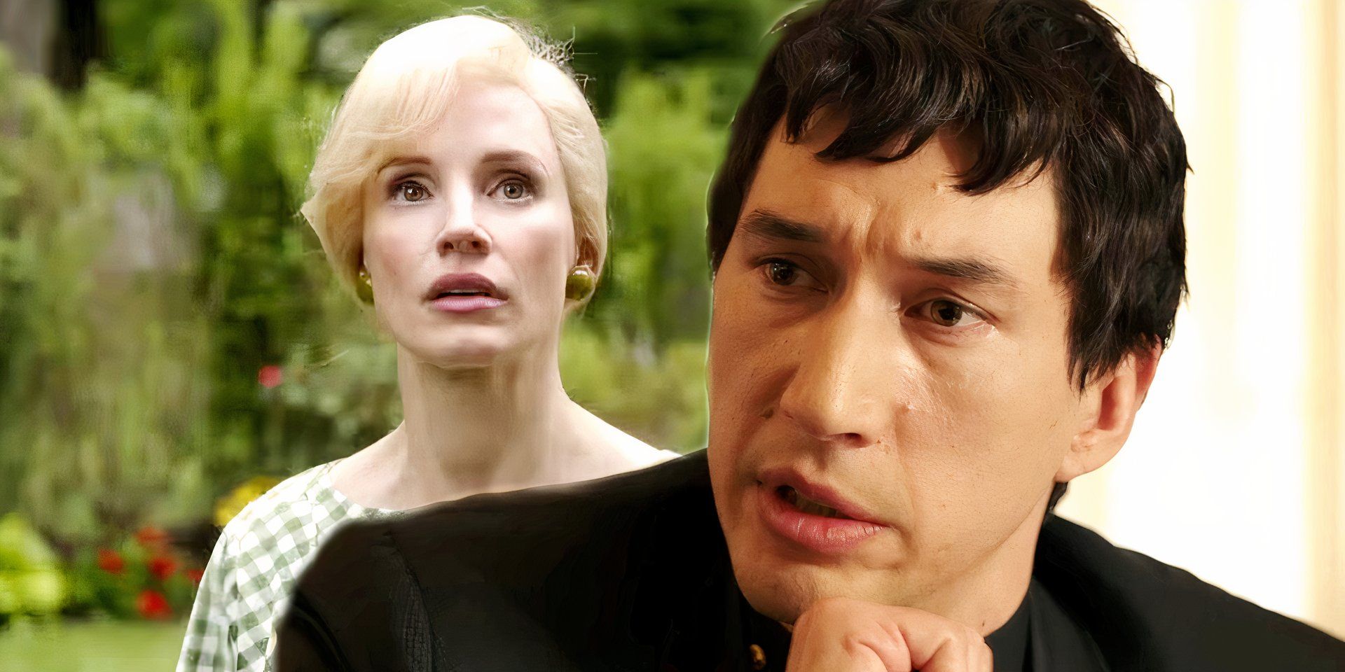 Jessica Chastain is looking up in Mothers' Instincts and Adam Driver talking in Megalopolis.