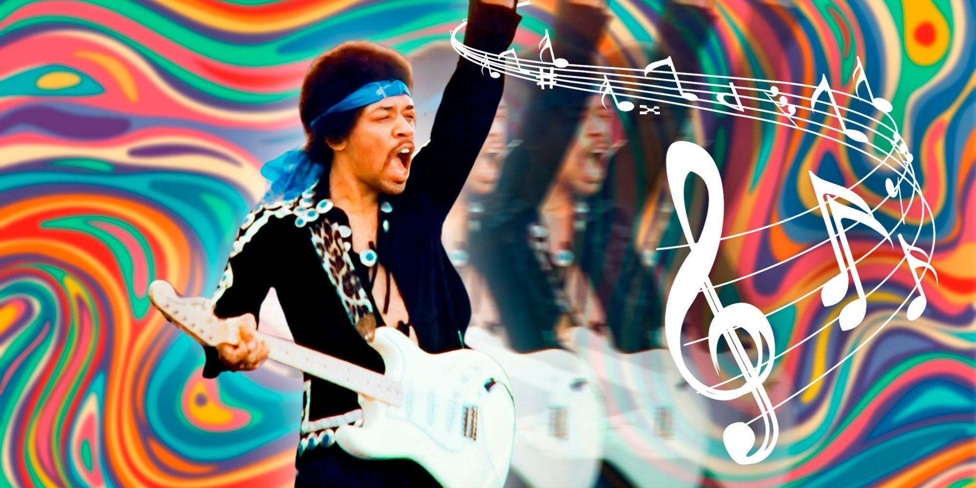 Jimi Hendrix performs live with his guitar, edited with musical notes and a rainbow background.