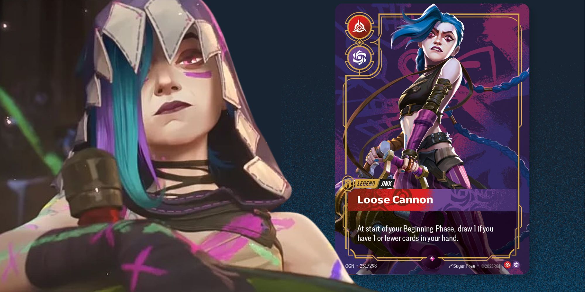 Jinx from Arcane next to Jinx&rsquo;s card from Riftbound League of Legends TCG