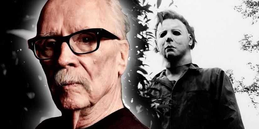 An edited image of John Carpenter with a black and white image of Michael Myers from Halloween in the background.
