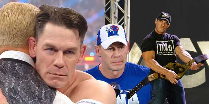 WWE star John Cena in 3 images, left hugging Cody Rhodes, center at press conference, right pretending to play title belt like guitar
