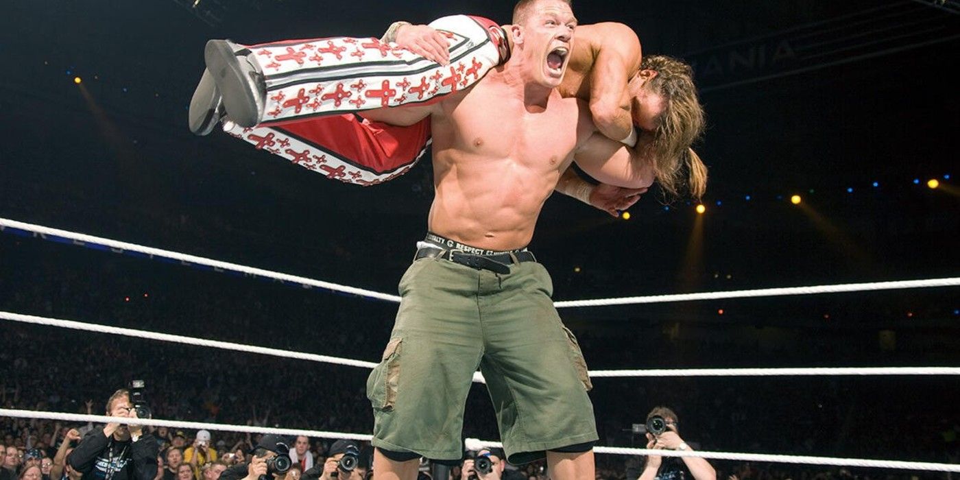 John Cena prepares to Attitude Adjustment AA FU Shawn Michaels at WWE WrestleMania 23