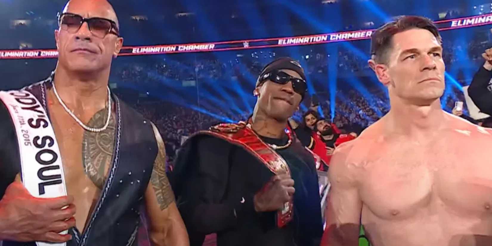 John Cena The Rock and Travis Scott at Elimination Chamber
