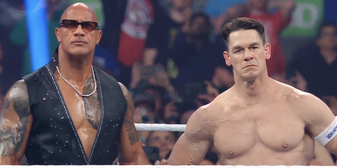 John Cena next to the rock at WWE Elimination Chamber 2025