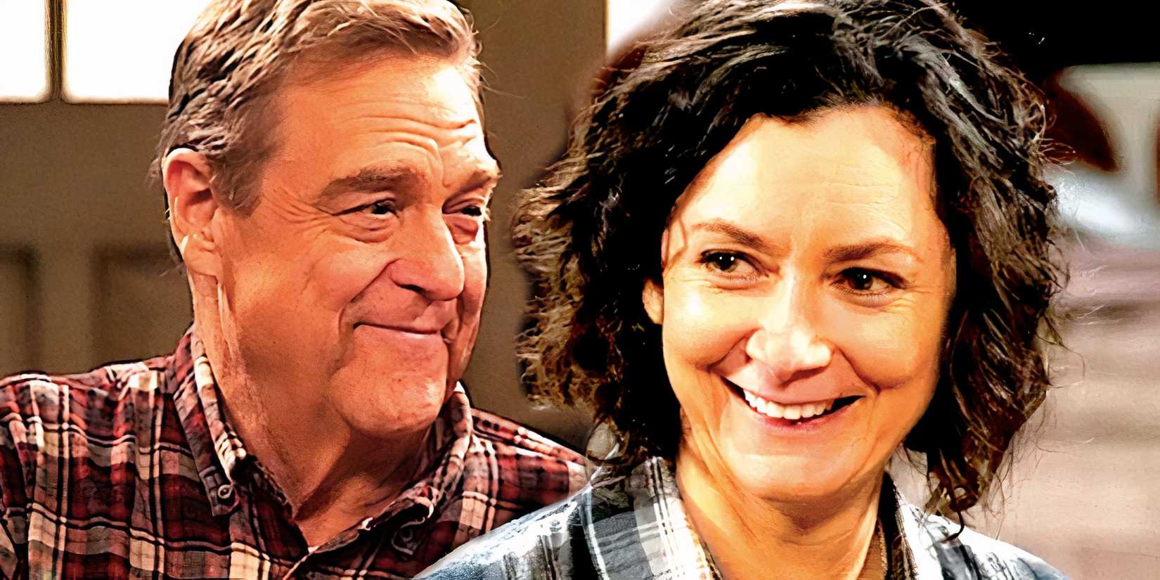 John Goodman as Dan smiling sadly next to Sarah Dilbert as Darlene smiling in The Conners