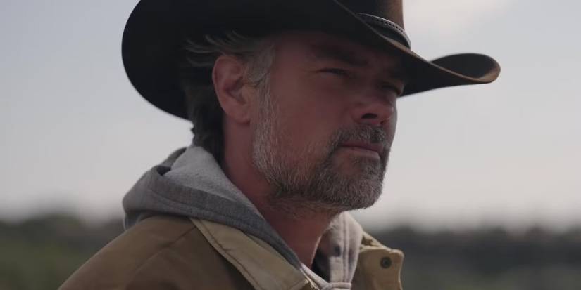 Josh Duhamel in a cowboy hat on the ranch in Ransom Canyon