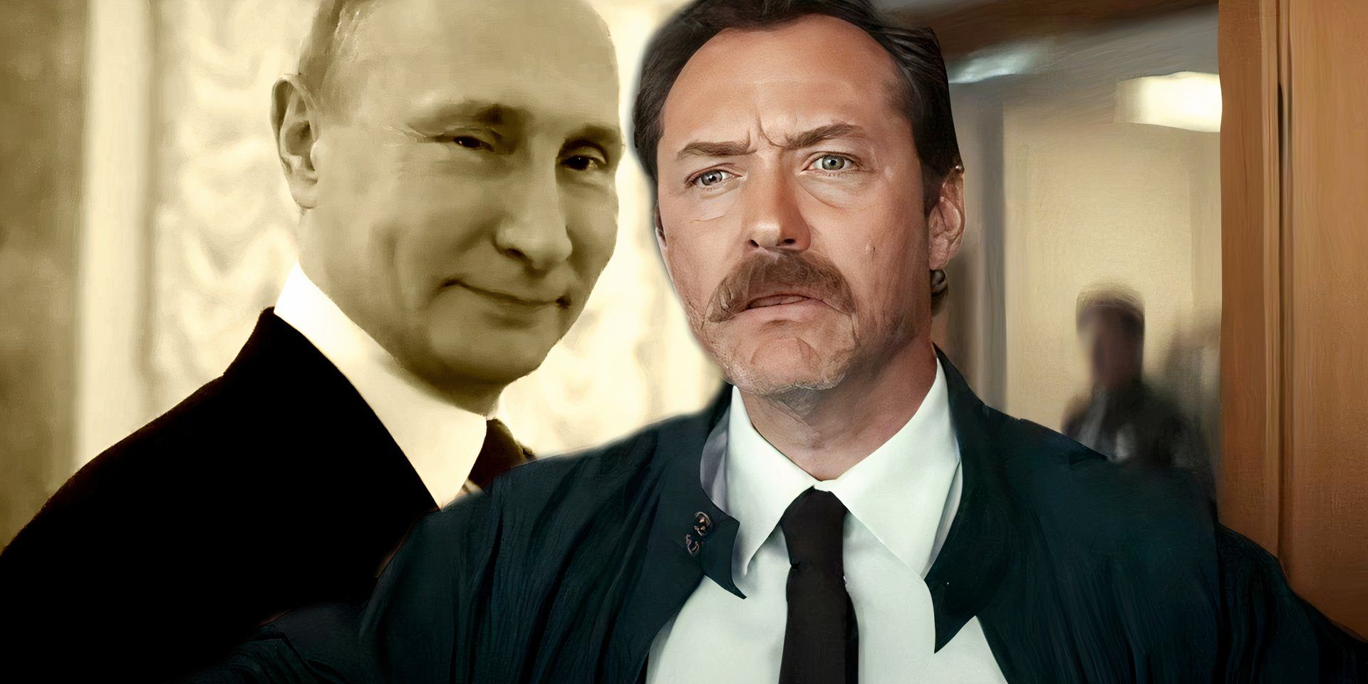 Jude Law looking stunned in The Order while Putin winces in The Putin Interviews