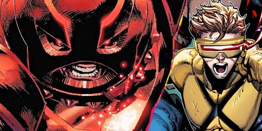 Juggernaut to the left and new Cyclops in yellow with his hand to his visor to the right