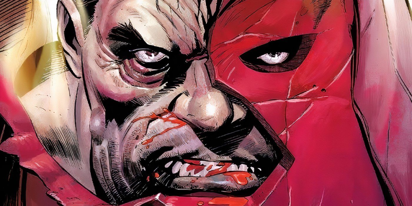 Juggernaut with a broken helmet and beat up face in X-Men.
