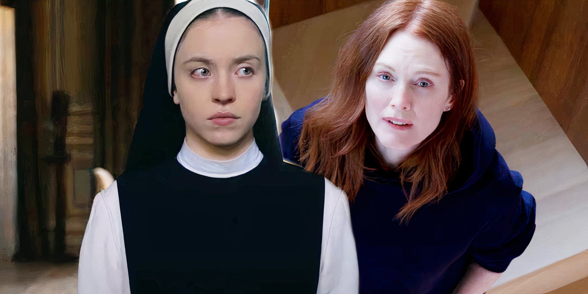Julianne Moore looking up from the staircase in The Room Next Door and Sydney Sweeney staring to the right in Immaculate-1
