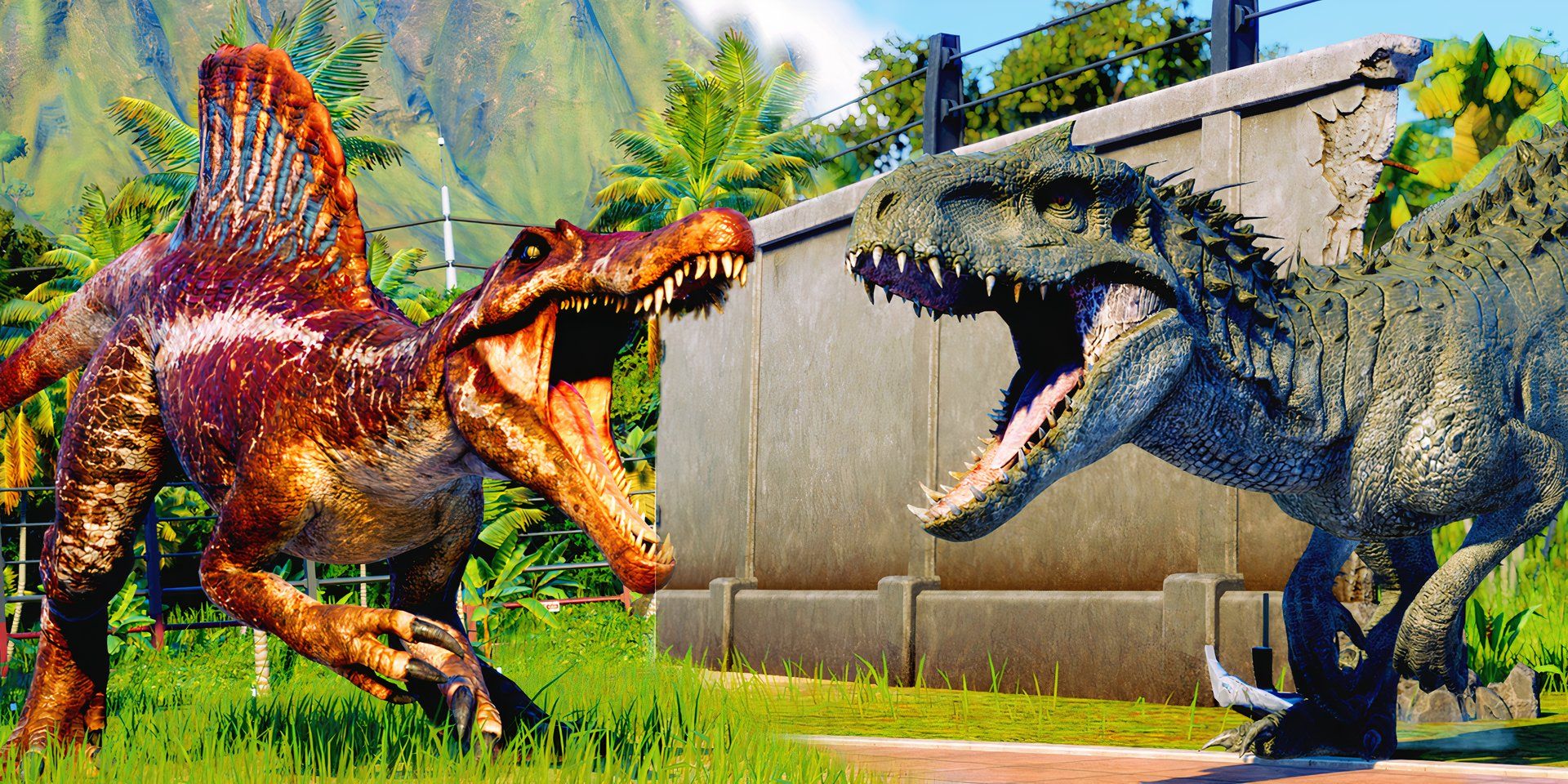 Jurassic World Evolutions 2 two dinosaurs rawring at each other