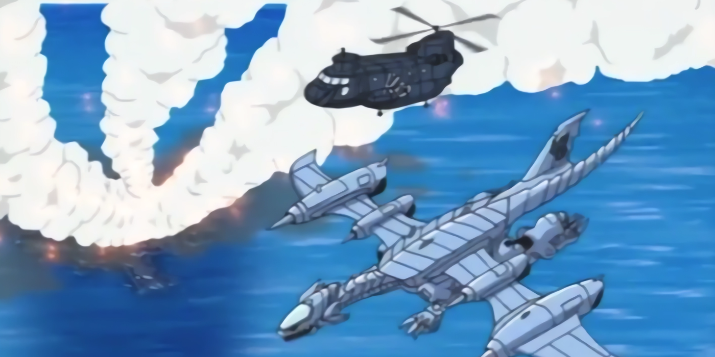 Kaiba&rsquo;s jet flies over the destroyed island after he used the explosives, mocking the heroes.
