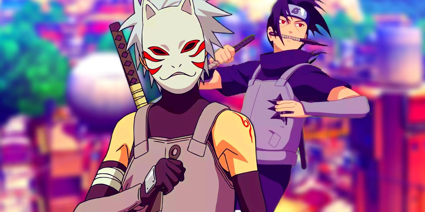 Kakashi e Itachi usando seus uniformes da ANBU. Atrás deles, a vila de Konoha pode ser vista.