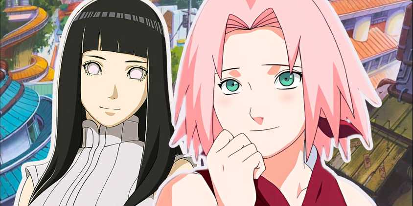 Hinata smiling while Sakura is blushing in Naruto