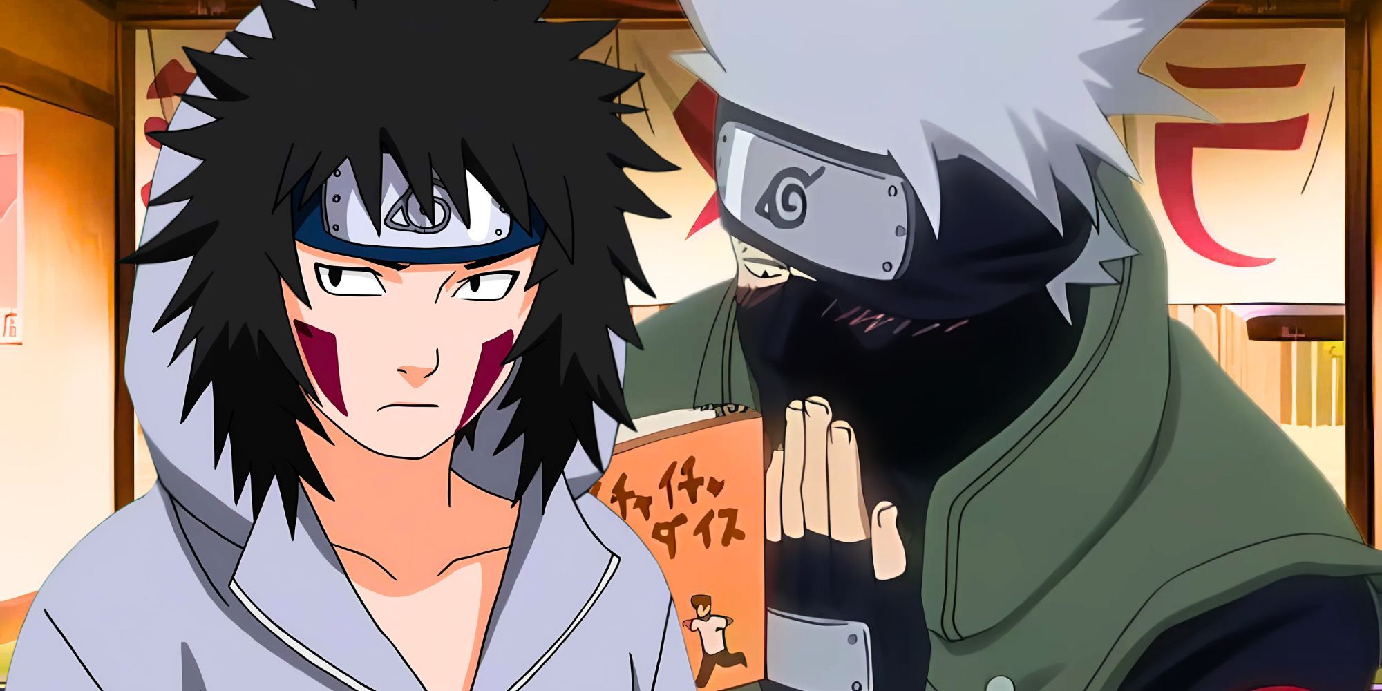 Kakashi is reading a book and Kiba is looking on the side.