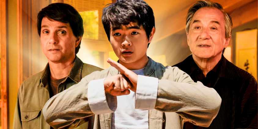 Jackie Chan as Mr. Han, Macchio as Daniel LaRusso, Ben Wang as Li Fong montage