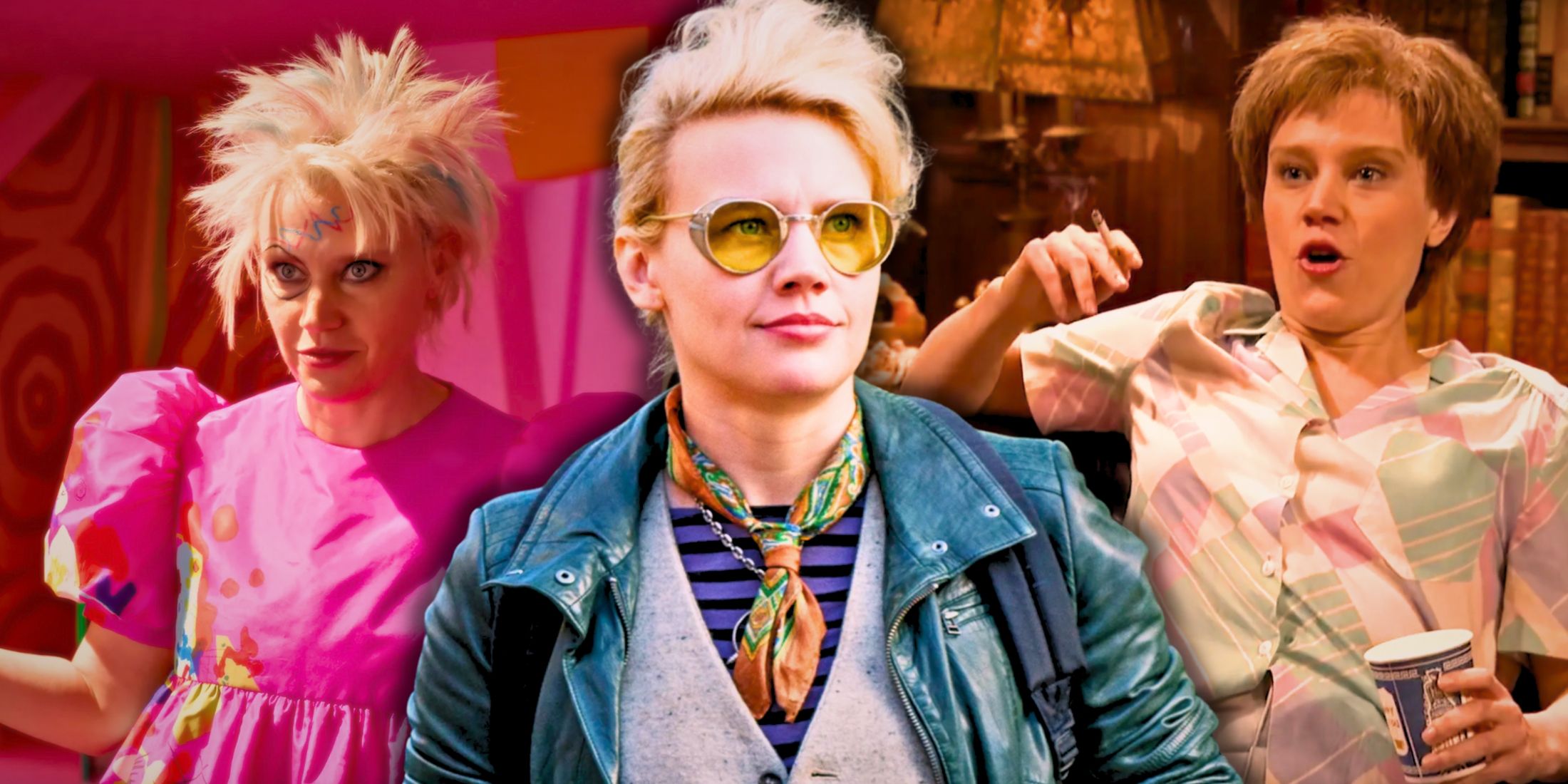 A collage of Kate McKinnon in roles in Barbie, Ghostbusters, and SNL