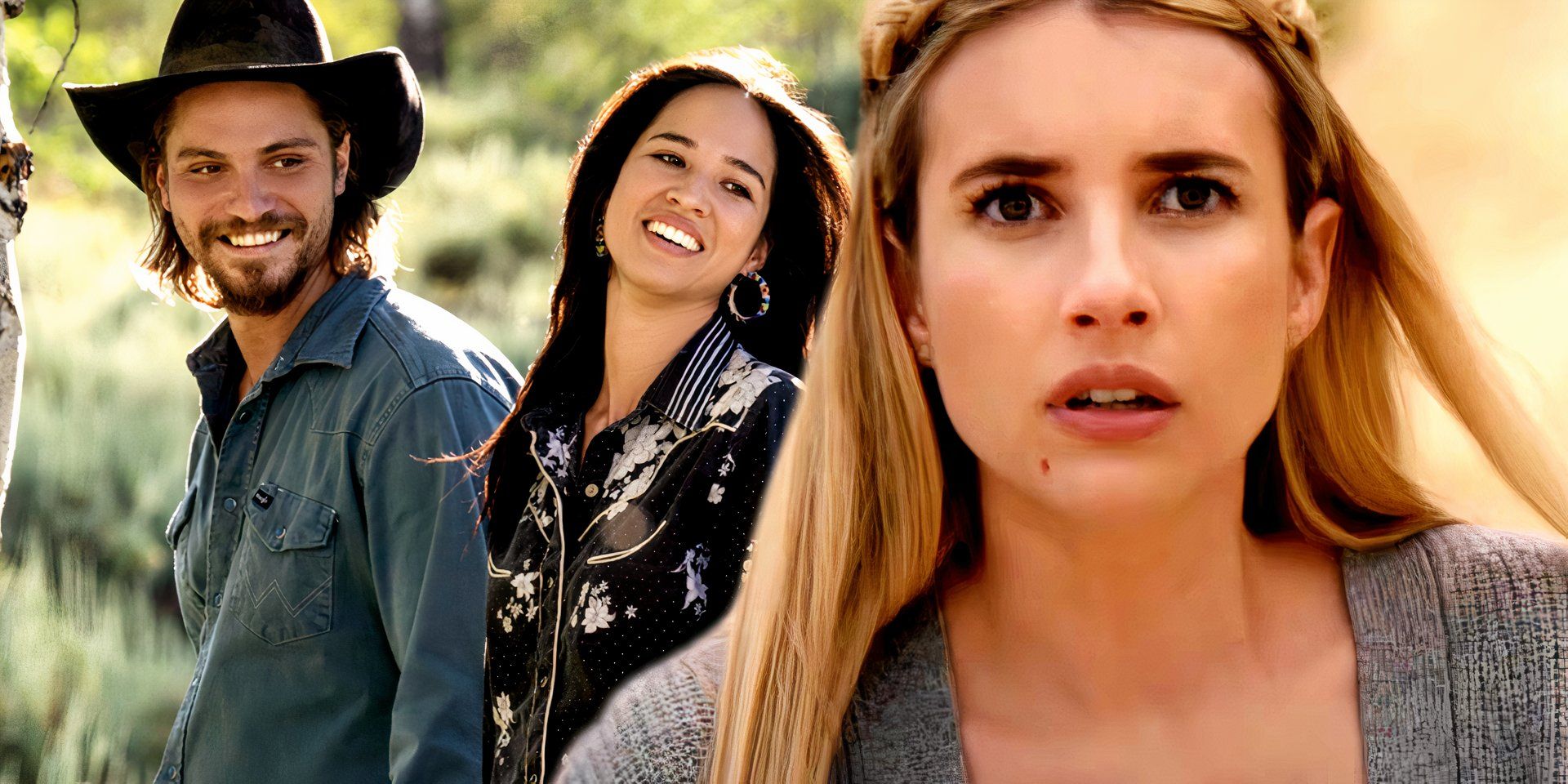 Kayce and Monica smiling in Yellowstone while Emma Roberts looks stunned in American Horror Story
