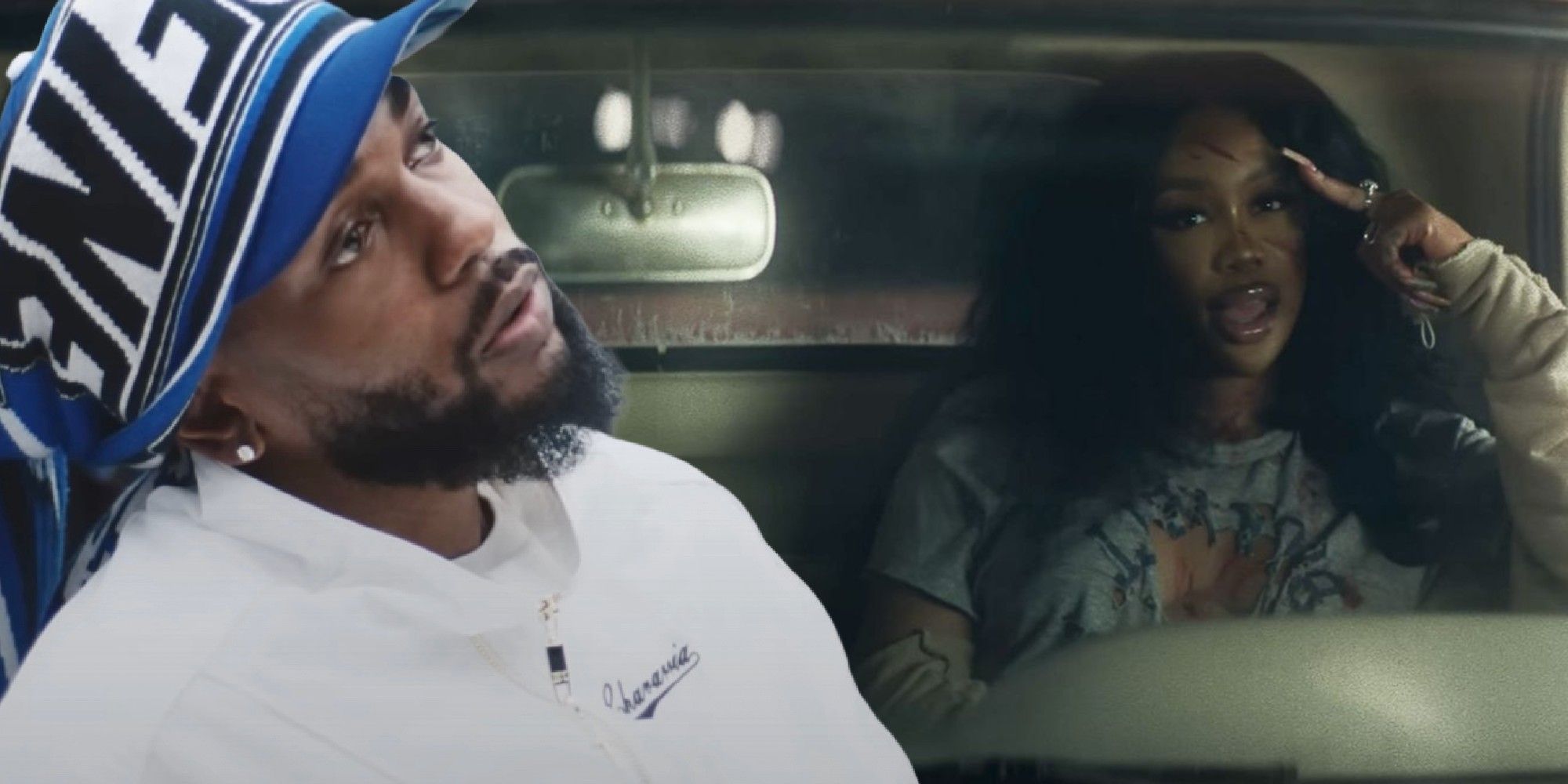 Kendrick Lamar from the Not Like Us music video in the foreground, SZA in the Kill Bill music video in the background feature