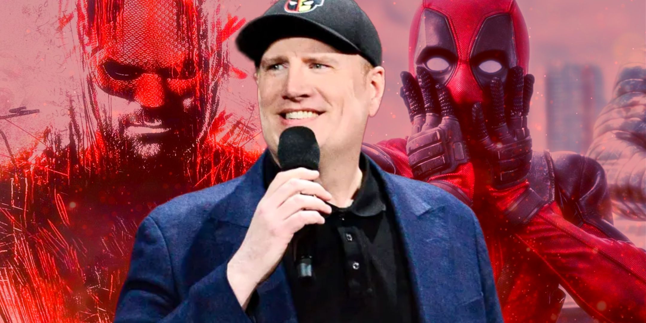 kevin feige with daredevil and deadpool in background custom mcu image