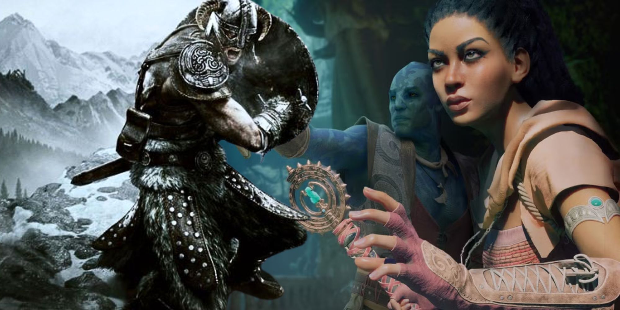 Key art from Skyrim featuring a shouting Dragonborn over an image of Kai and Giatta from Avowed
