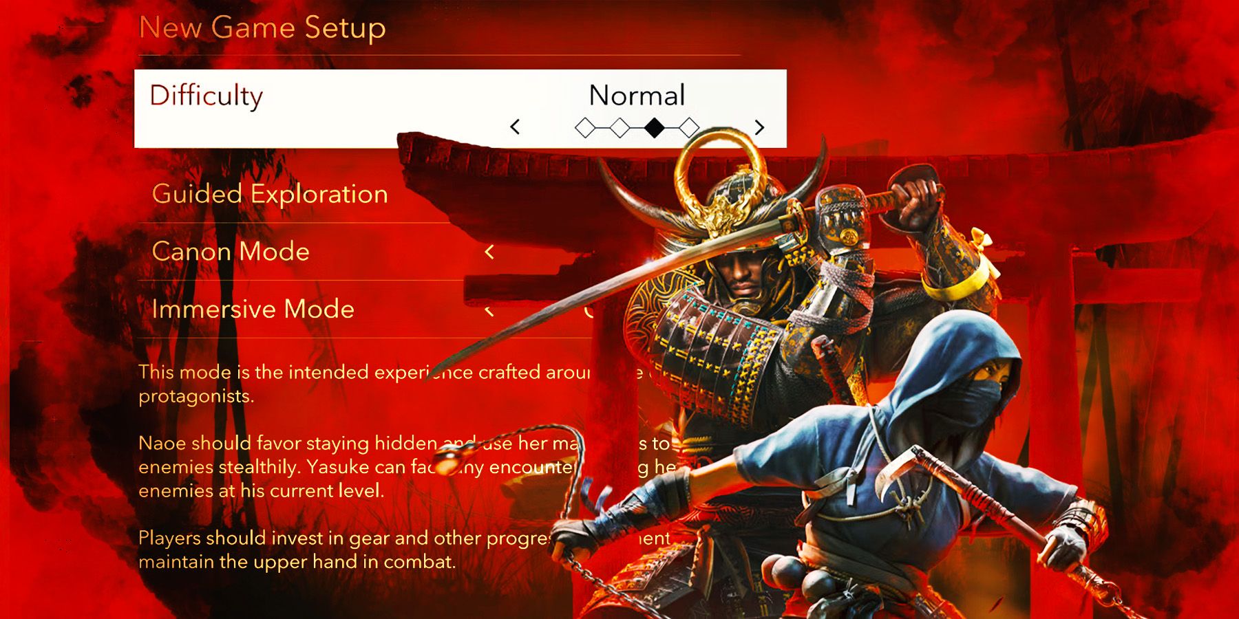 The difficulty settings from Assassin&rsquo;s Creed Shadows behind Naoe and Yasuke.