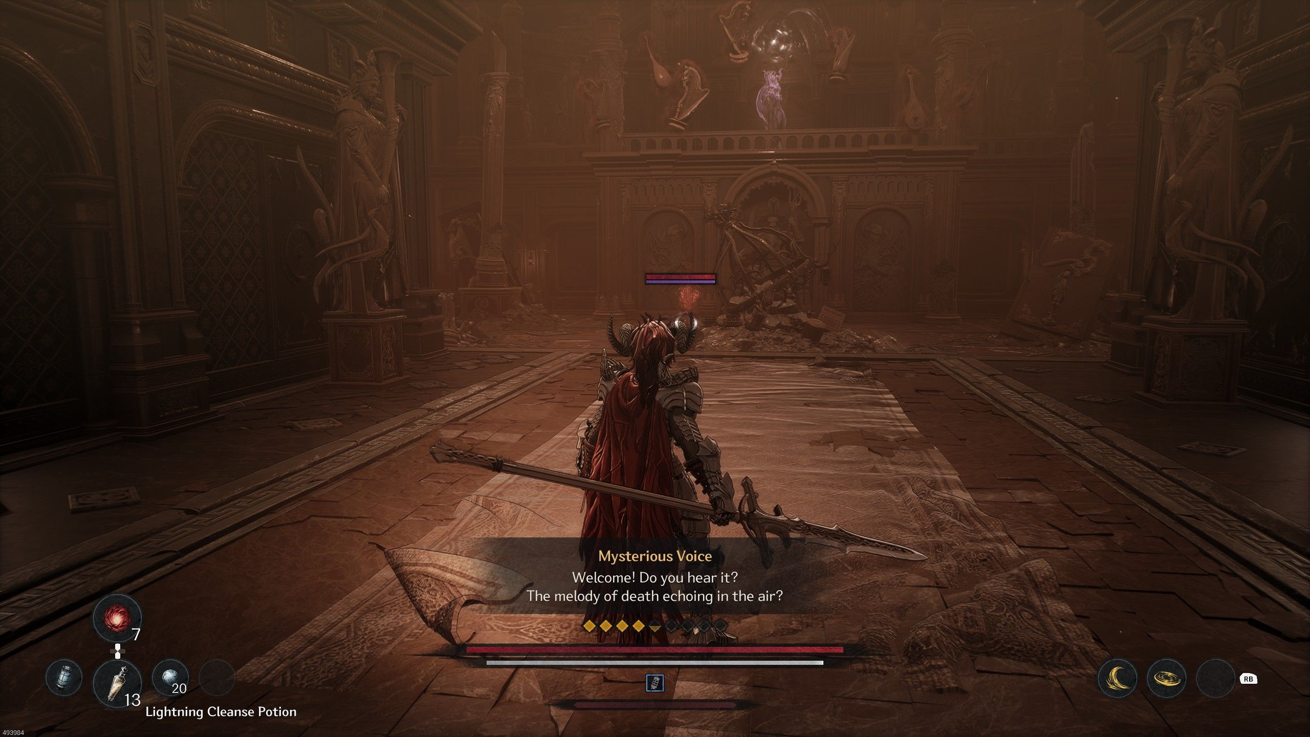 Khazan approaches the source of a mysterious voice singing on a balcony in an orange-hued room in The First Berserker Khazan