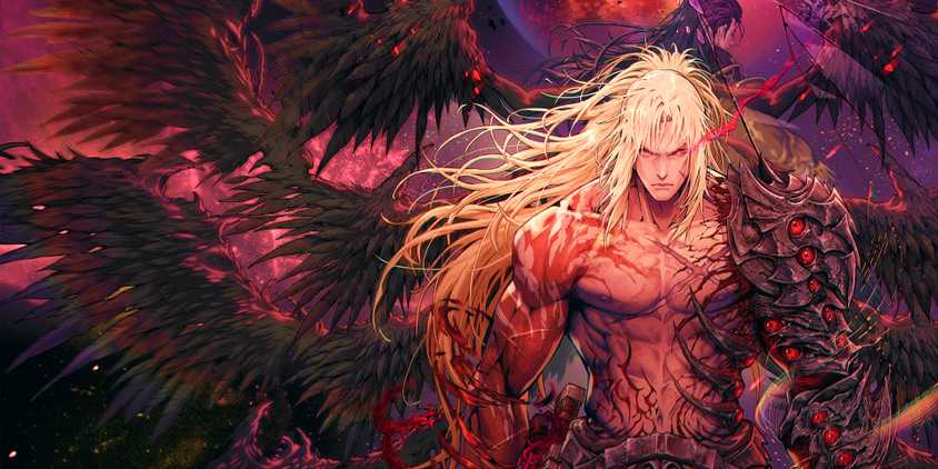 Khazan in art from The First Berserker, surrounded by a mass of black wings.