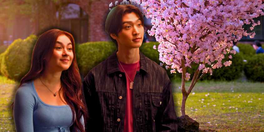 Kitty and Min-ho over an image of a cherry blossom tree in XO, Kitty Season 2